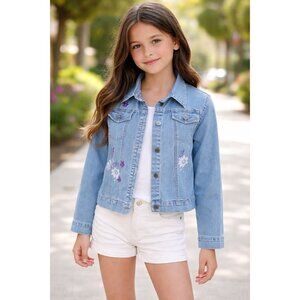Jean Jacket Girls L Arizona Jean Co. Denim Jacket Purple Rhinestones Embroidery